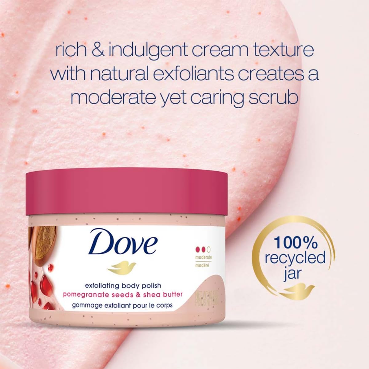 Dove Scrub Pomegranate & Shea Butter ingredient close-up highlights shea butter nourishment.