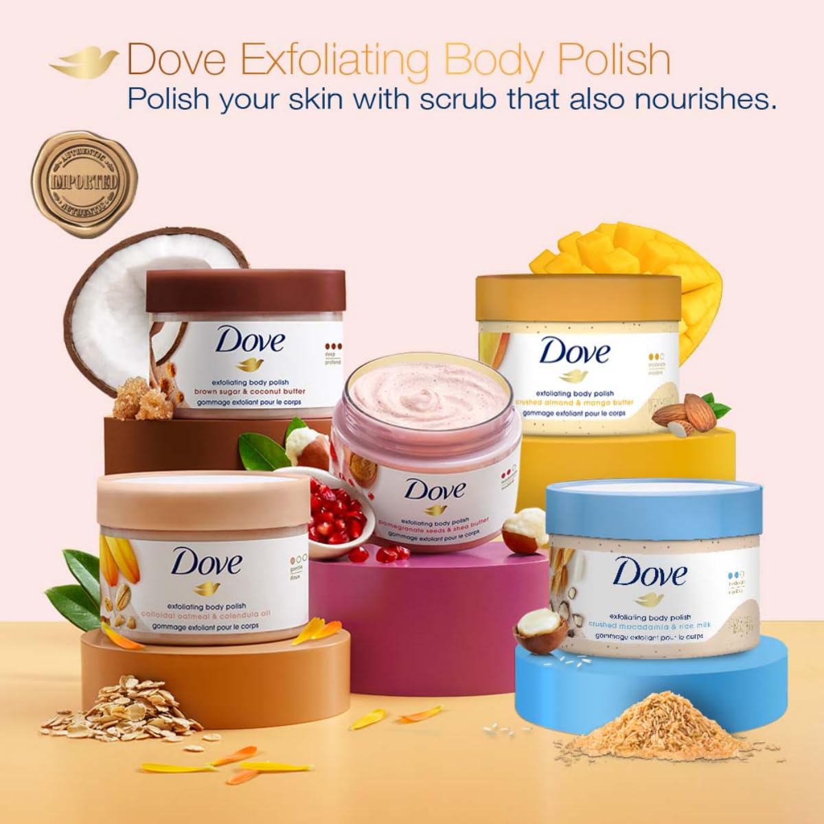 Dove Scrub Pomegranate & Shea Butter label close-up communicates trusted ingredients.