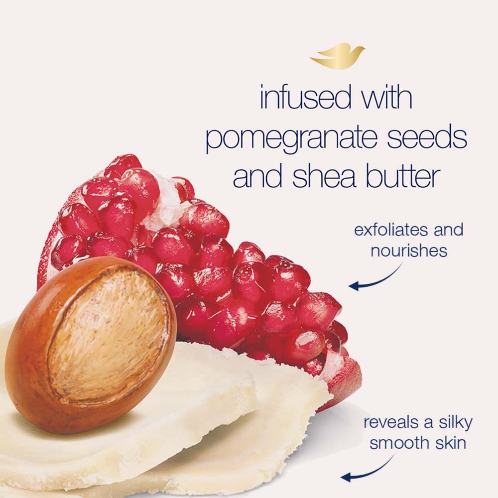 Dove Scrub Pomegranate & Shea Butter with visible pomegranate seeds showcases natural exfoliation.