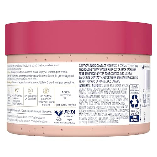 Dove Scrub Pomegranate & Shea Butter scoop-in-jar highlights easy, creamy exfoliation for smooth skin.