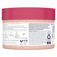 Dove Scrub Pomegranate & Shea Butter scoop-in-jar highlights easy, creamy exfoliation for smooth skin.