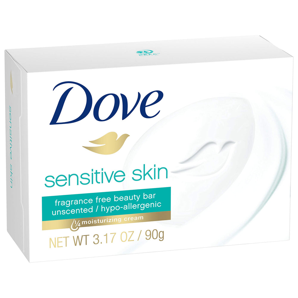 Dove Sensitive Skin Beauty Bar held in hand for body and hands cleansing.