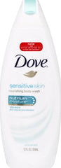 Dove Sensitive Skin Body Wash bottle pour demonstrates easy lather and mild cleansing