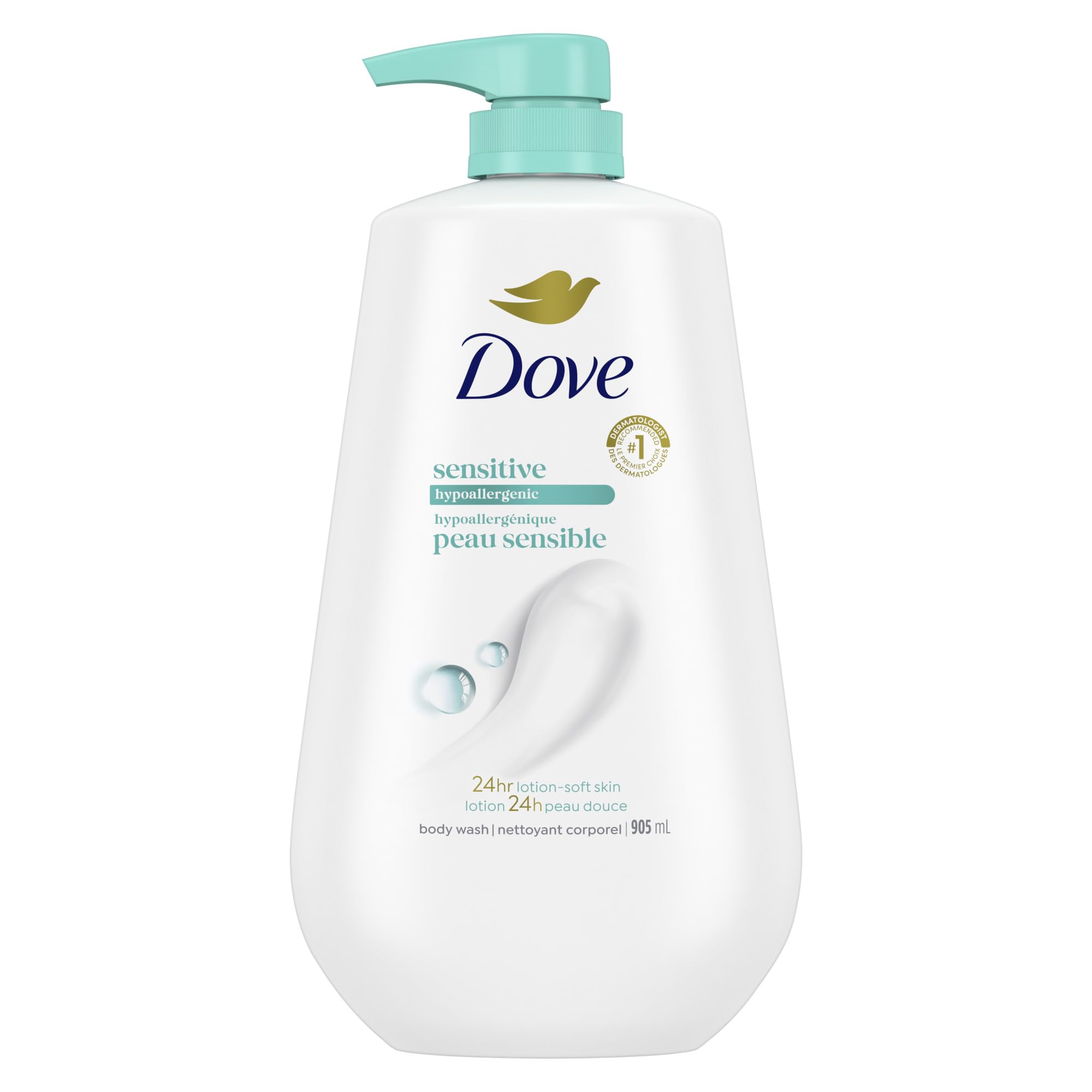 Dove Sensitive Skin Body Wash bottle closeup showing fragrance-free formula for gentle cleansing.