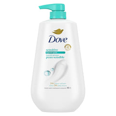 Dove Sensitive Skin Body Wash bottle closeup showing fragrance-free formula for gentle cleansing.