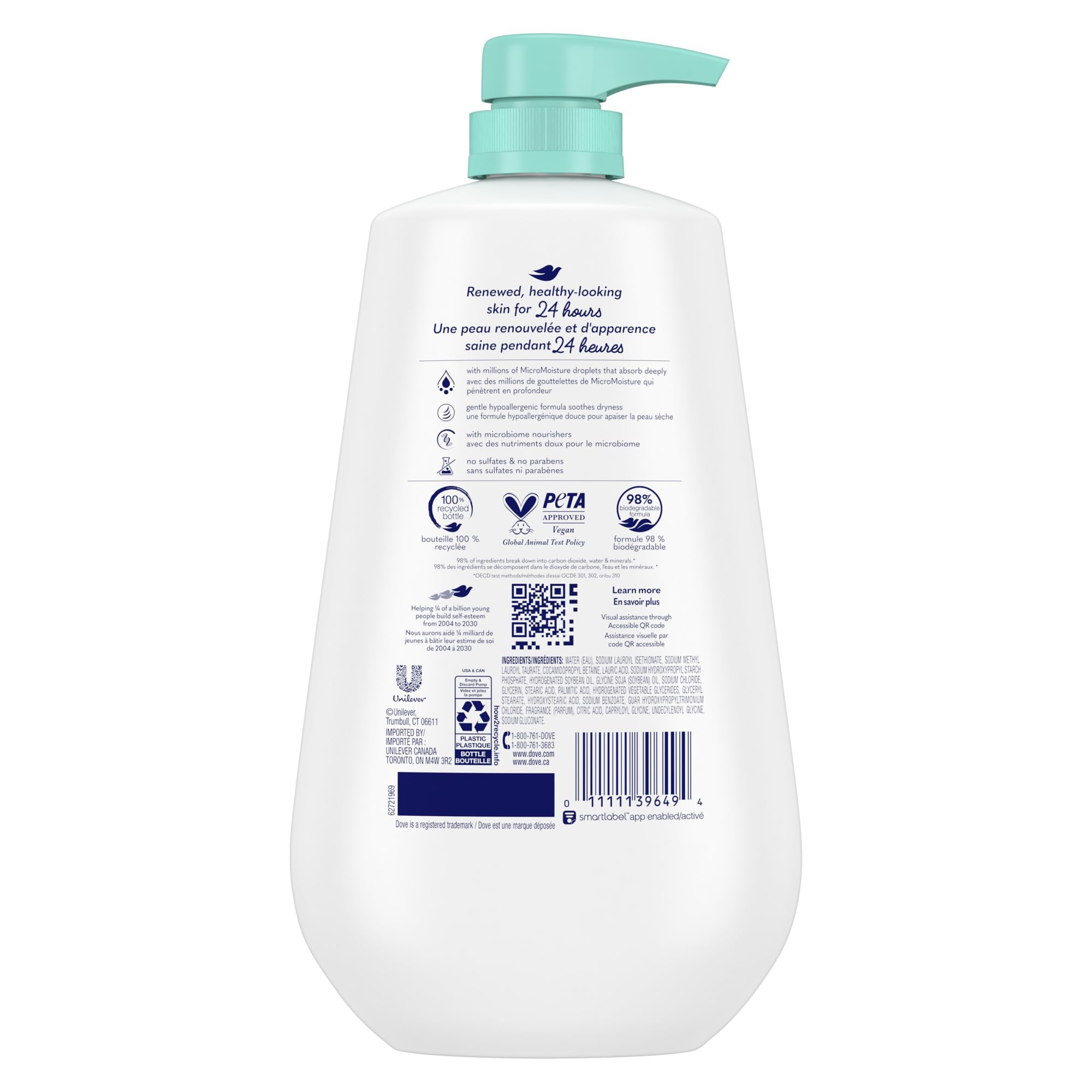 Dove Sensitive Skin Body Wash fragrance-free label highlights dermatologist-recommended care for delicate skin.