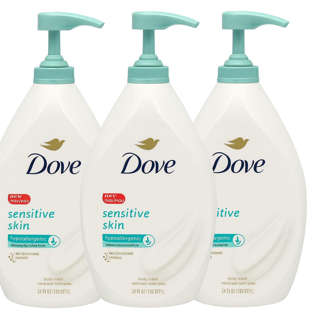 Dove Sensitive Skin Body Wash pump bottle delivering gentle cleansing for sensitive skin.