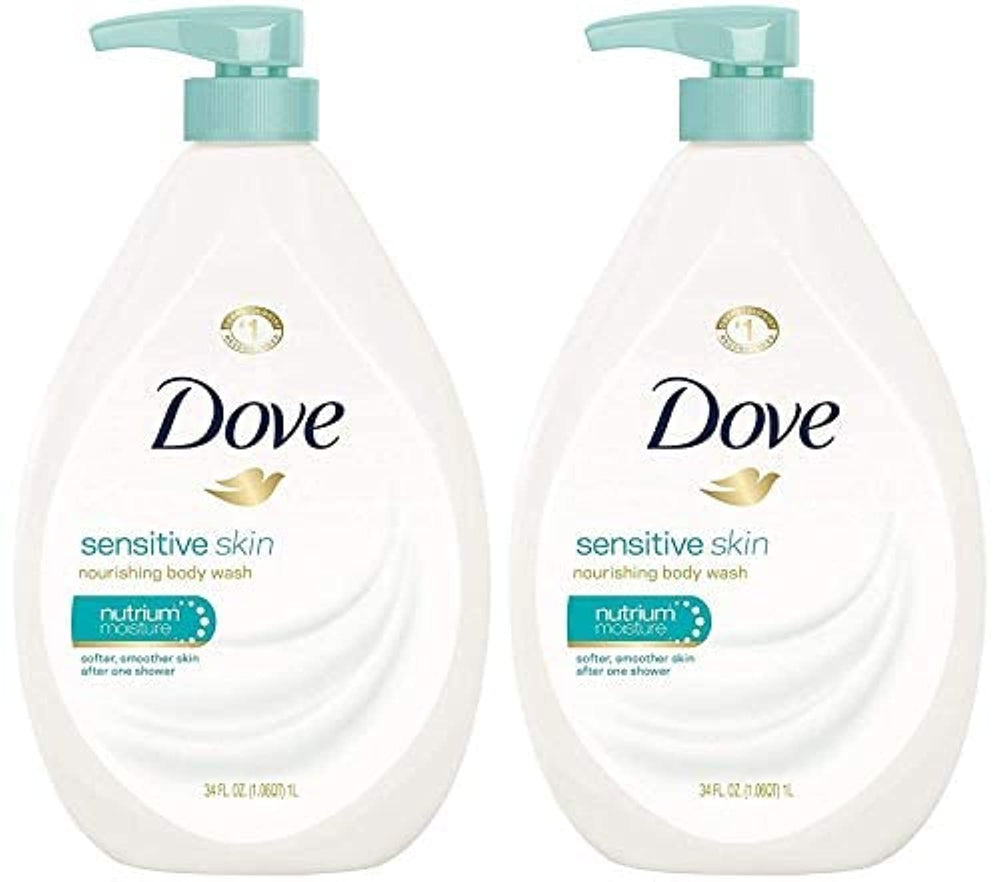Dove Sensitive Skin body wash pump bottle front for gentle cleansing.