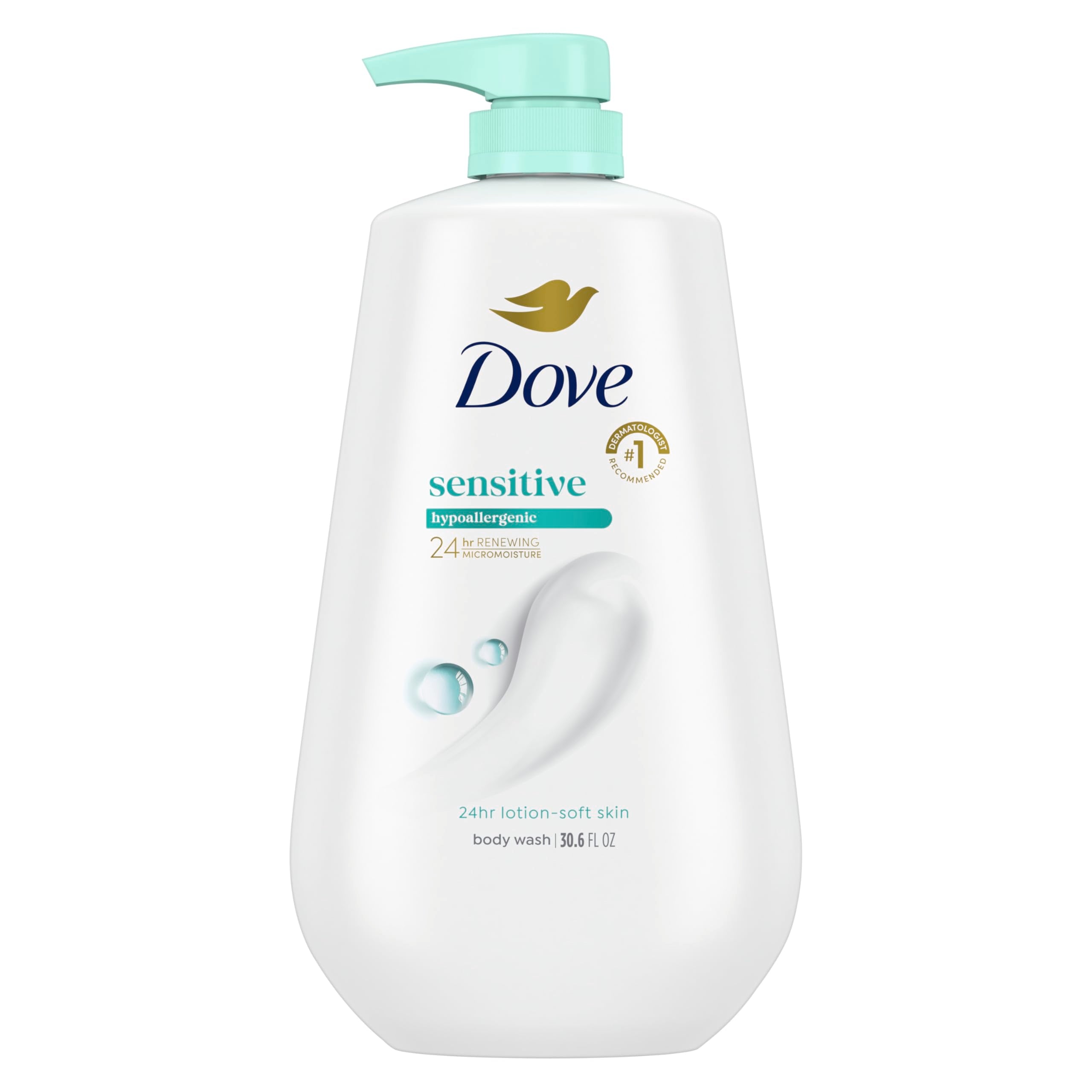 Dove front pump bottle showing gentle formula and easy dispensing