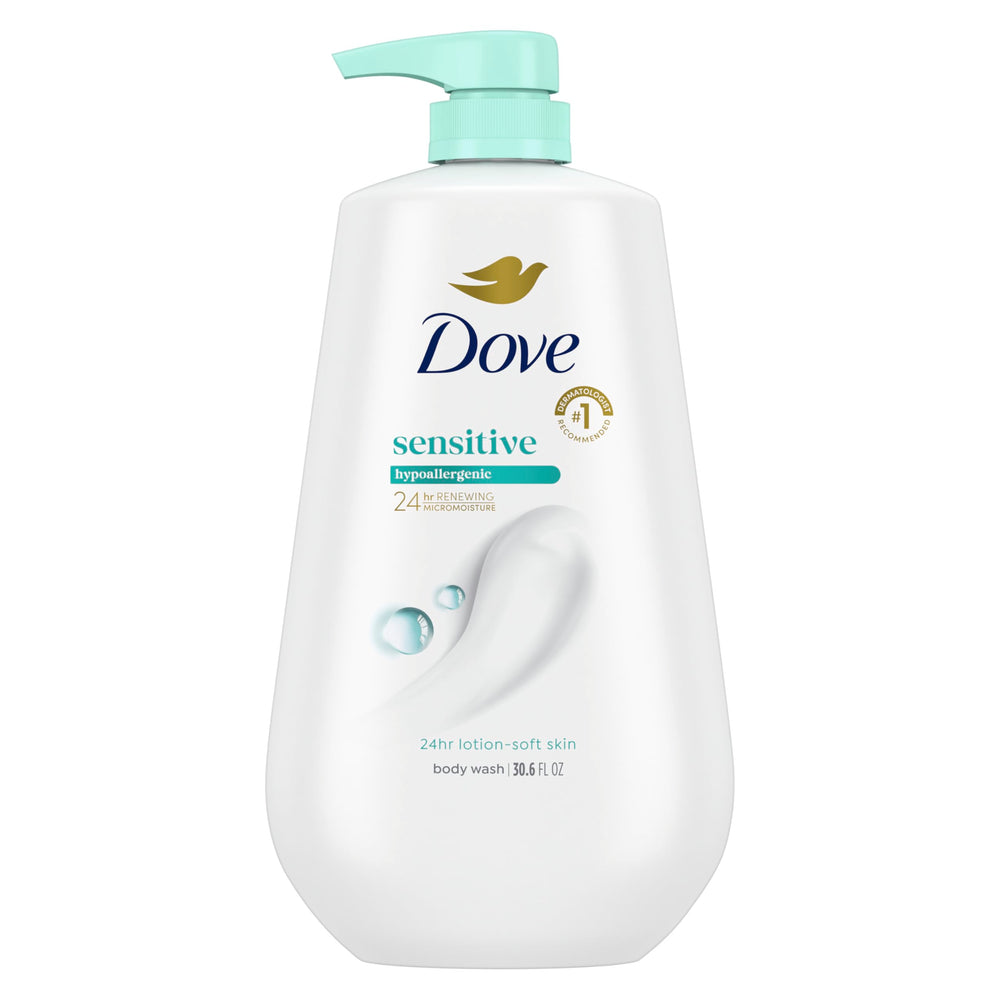 Dove front pump bottle showing gentle formula and easy dispensing