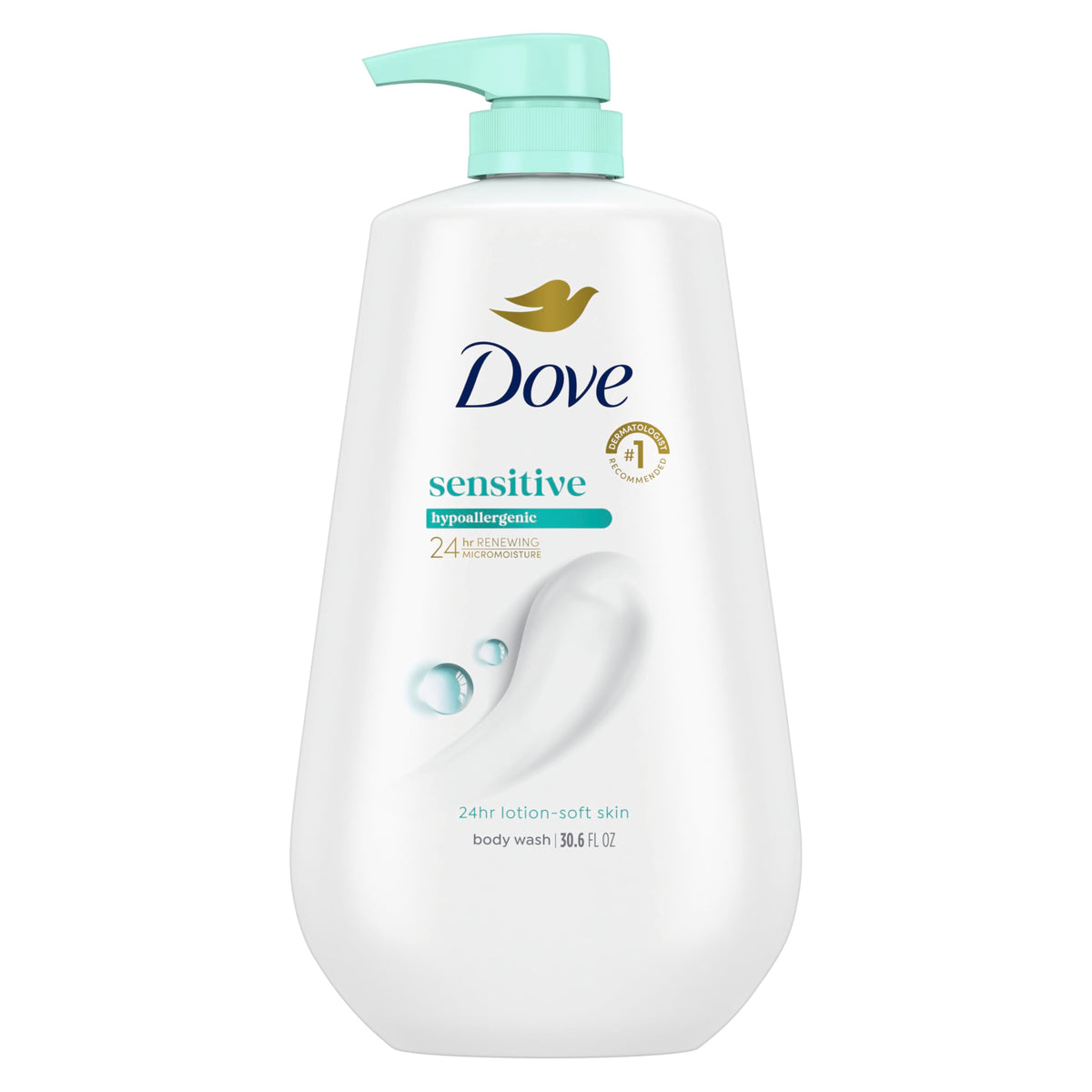 Dove front pump bottle showing gentle formula and easy dispensing