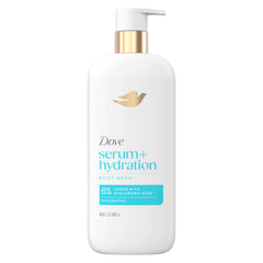Dove front bottle showing serum body wash and benefit of daily hydration