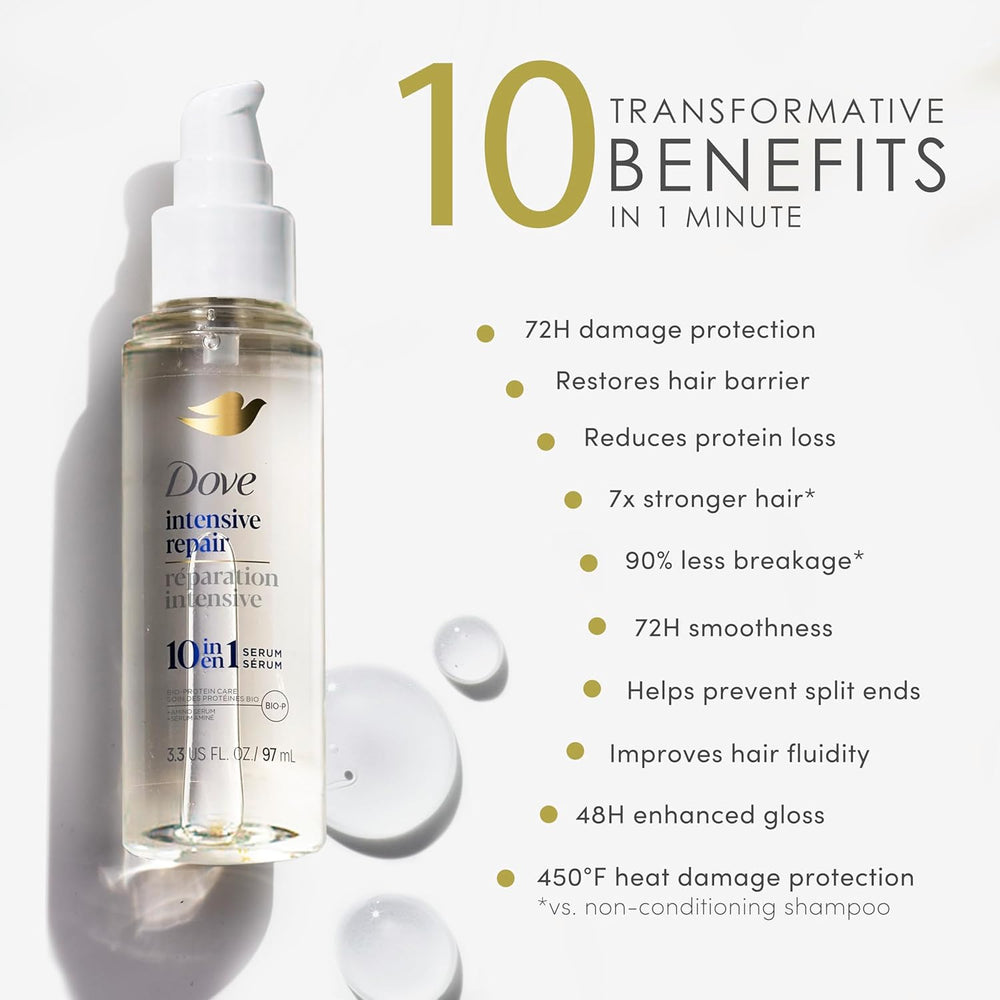 Dove shine serum close-up showcasing smooth application and gloss finish
