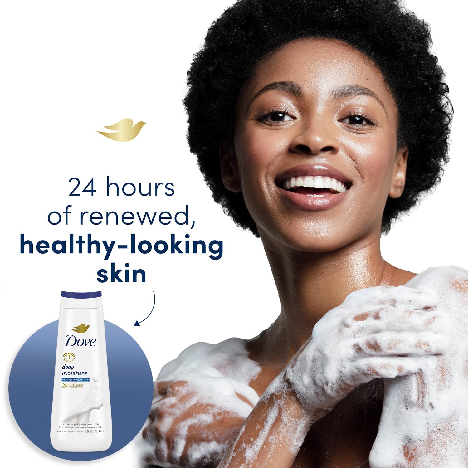 Dove skin close-up with creamy lather highlighting moisturized skin.