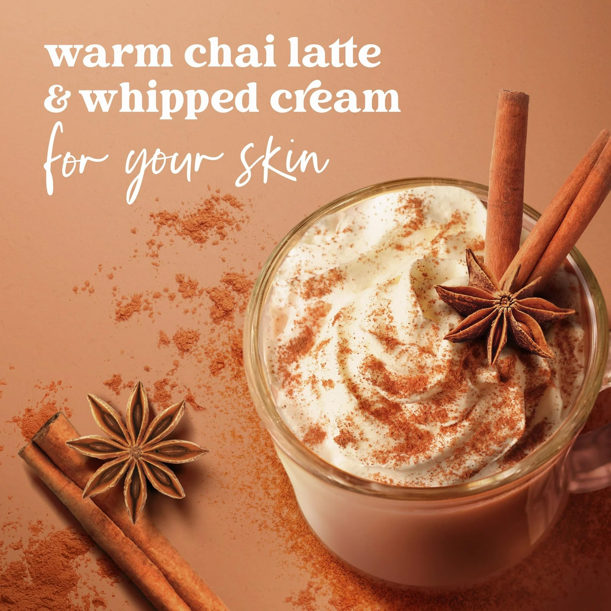 Dove Spiced Chai Latte aroma-wisp release hints warm spice mood enhancing shower ambiance.