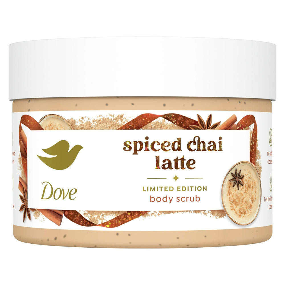 Dove Spiced Chai Latte body scrub jar shows warm scent for cozy daily pampering.