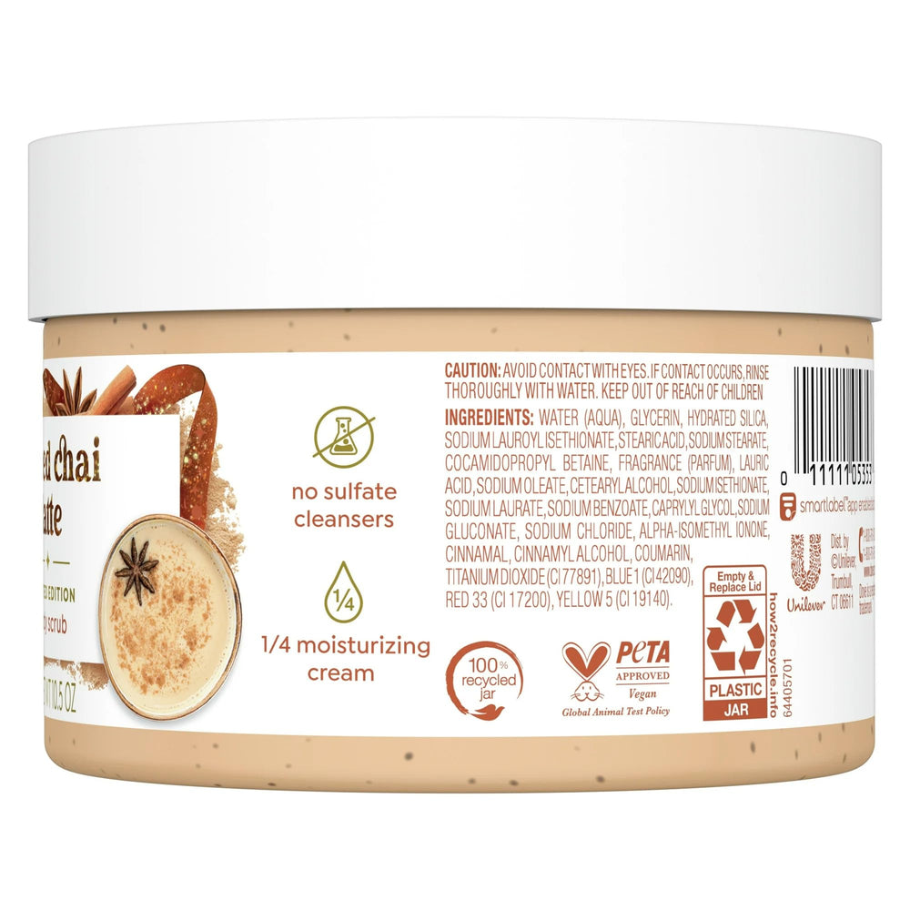 Dove Spiced Chai Latte exfoliating-particles closeup reveals fine texture for smoother skin.