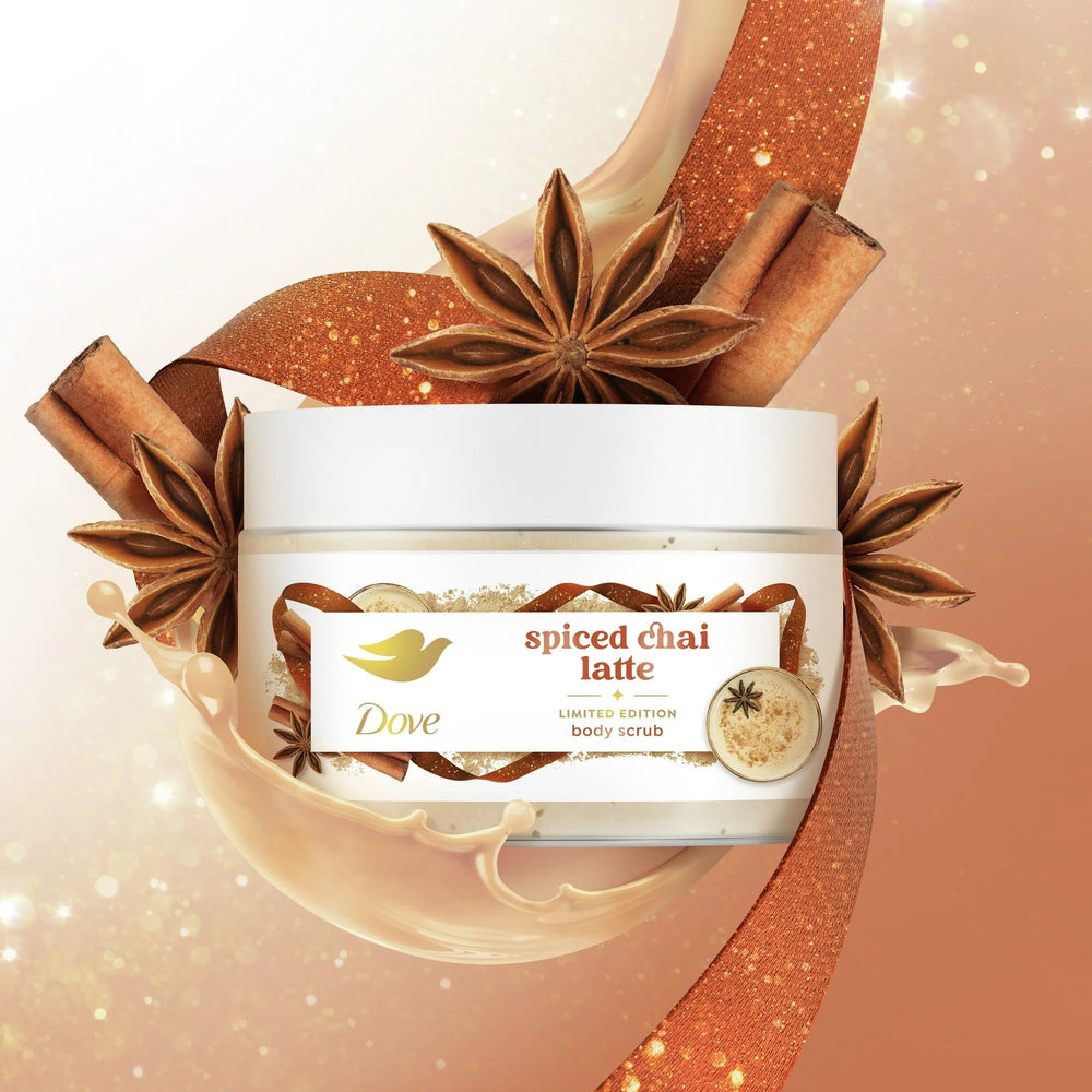 Dove Spiced Chai Latte lathering-suds close-up shows creamy foam for cleansing and exfoliation.