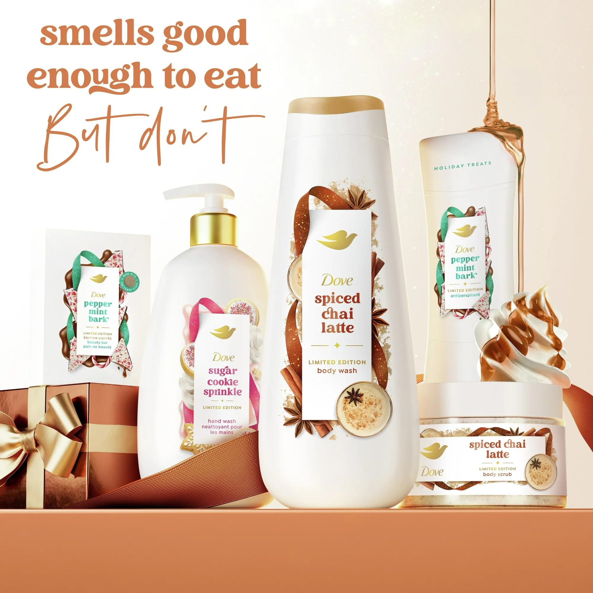 Dove Spiced Chai Latte texture-detail shot emphasizes gentle exfoliation for radiant skin.