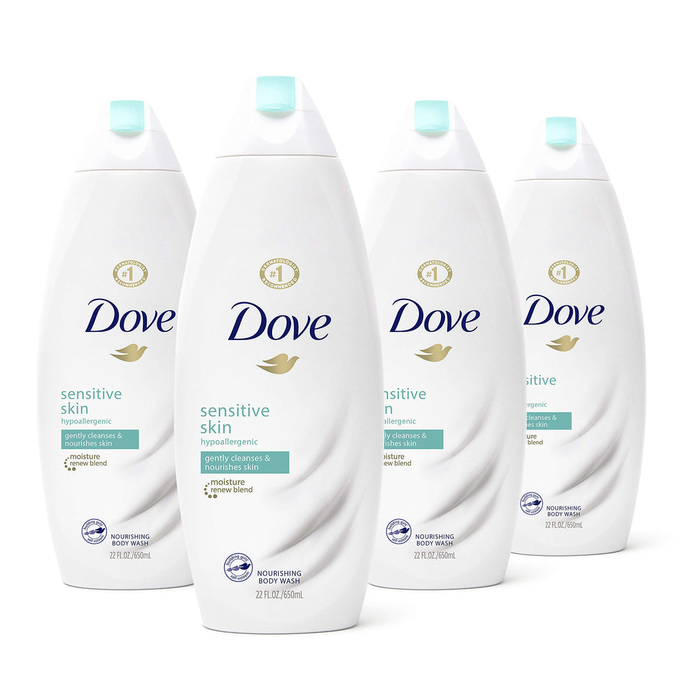 Dove sulfate-free sensitive skin body wash front bottle for daily gentle cleansing.