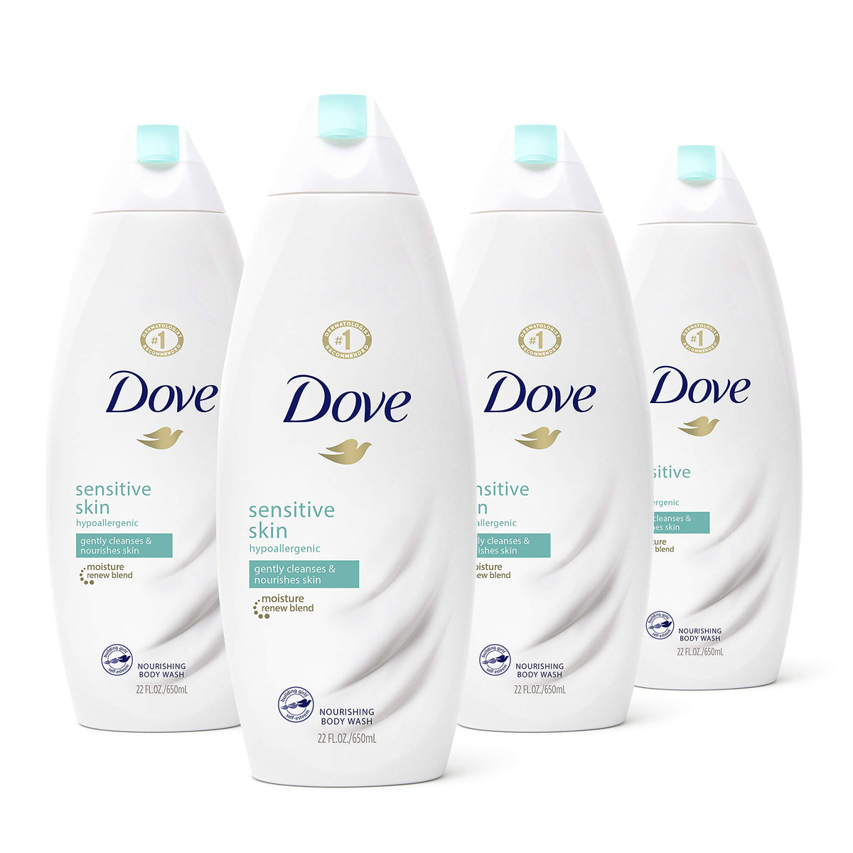 Dove sulfate-free sensitive skin body wash front bottle for daily gentle cleansing.