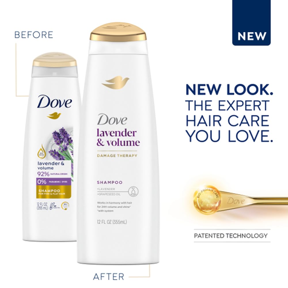 Dove Thickening Conditioner bottle side highlights lavender-rosemary blend for volume.