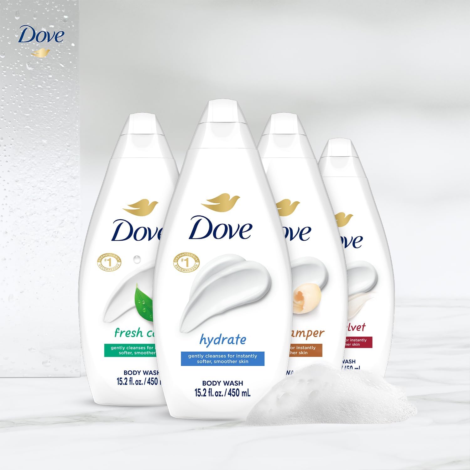 Dove variety-pack display box shows all six bottles in one shower essential