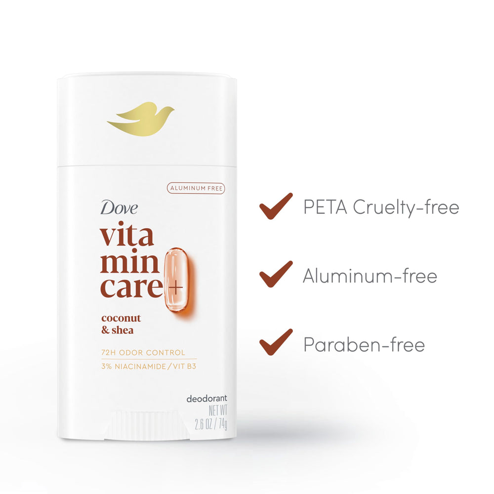 Dove VitaminCare+ coconut-shea deodorant application demonstrates smooth glide for comfortable underarm use.