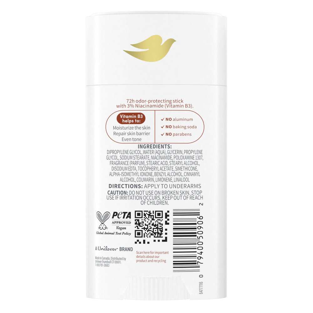 Dove VitaminCare+ coconut-shea deodorant stick close-up emphasizes clear formula with no white residue.