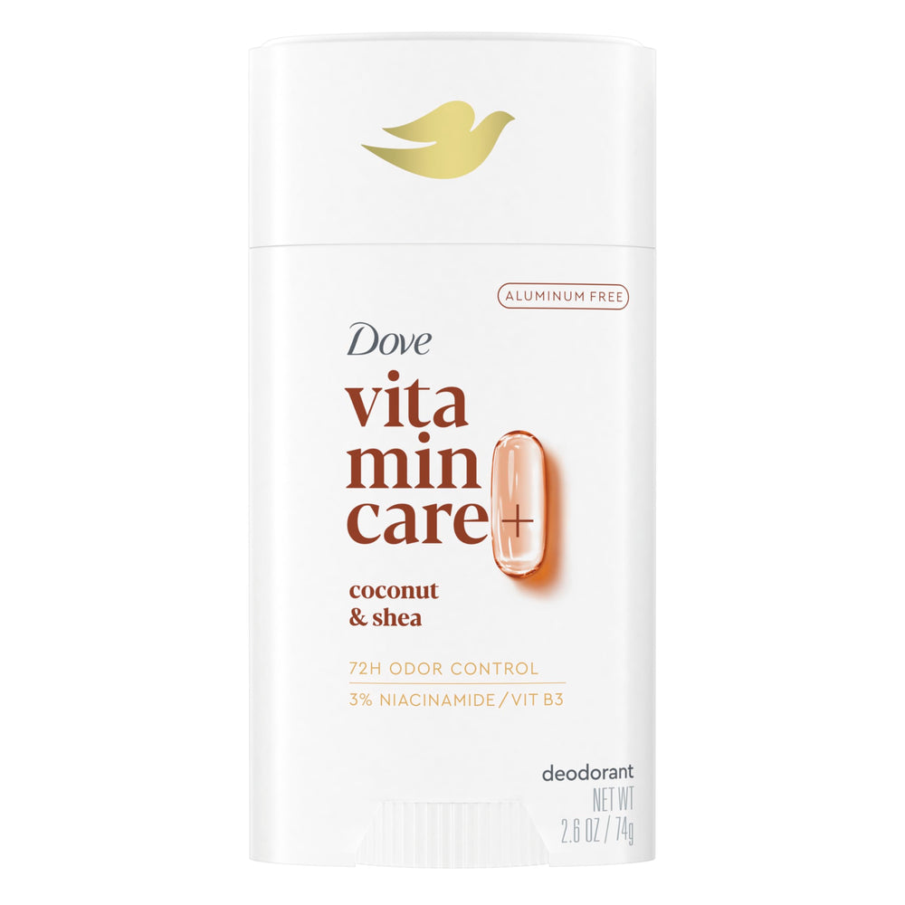 Dove VitaminCare+ coconut-shea deodorant packaging shows aluminum-free formula for long-lasting freshness.