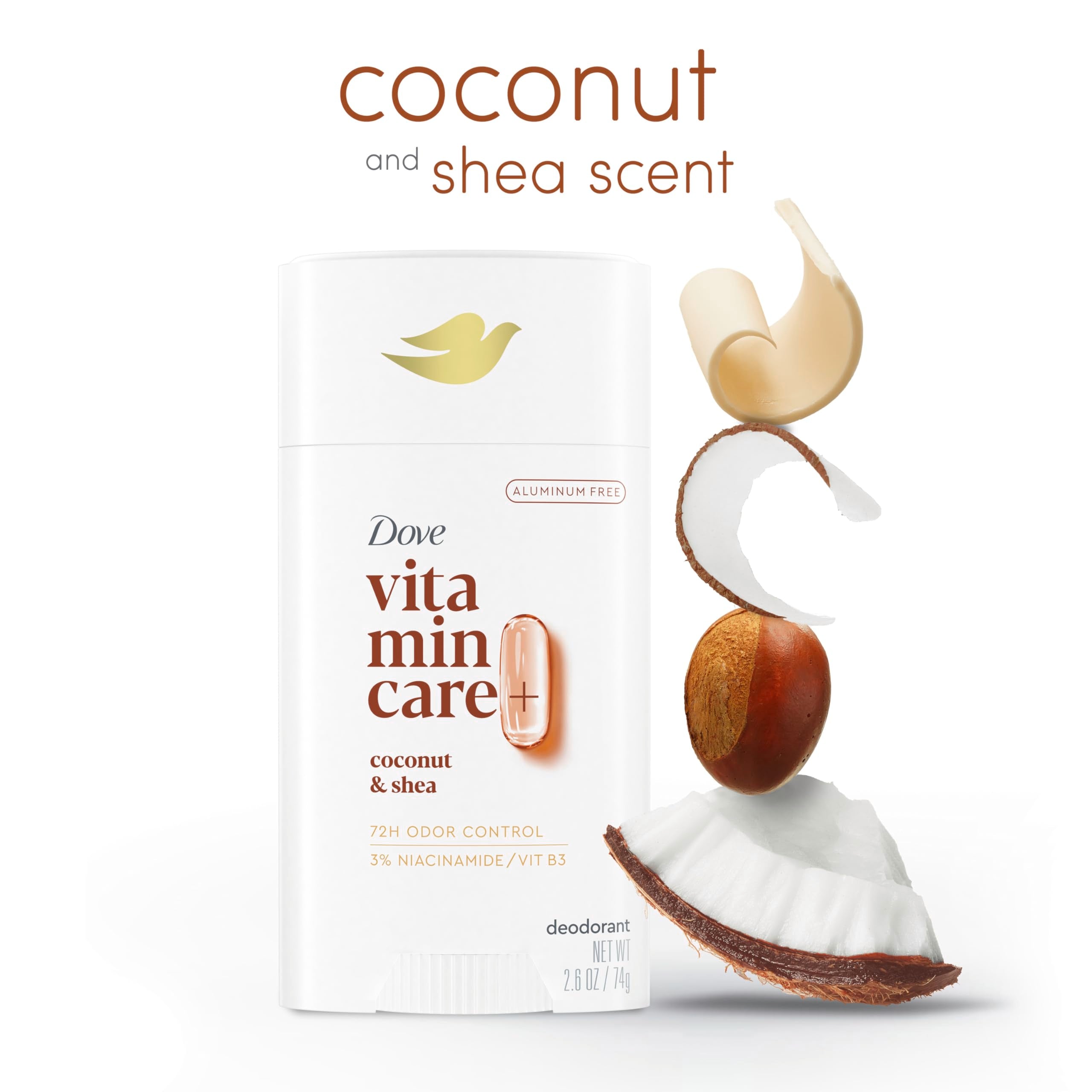 Dove VitaminCare+ coconut-shea image underarm skin highlights soothing hydration and barrier-supporting feel.