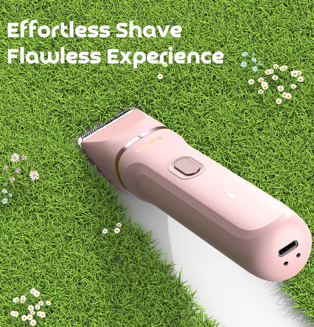 Dovety bikini-trimmer ceramic blade closeup shows skin-friendly shaving.