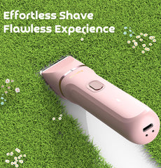 Dovety bikini-trimmer ceramic blade closeup shows skin-friendly shaving.