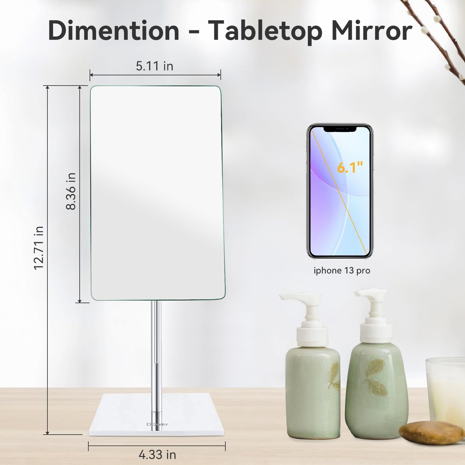 DOWRY polished chrome vanity mirror closeup shows durable finish