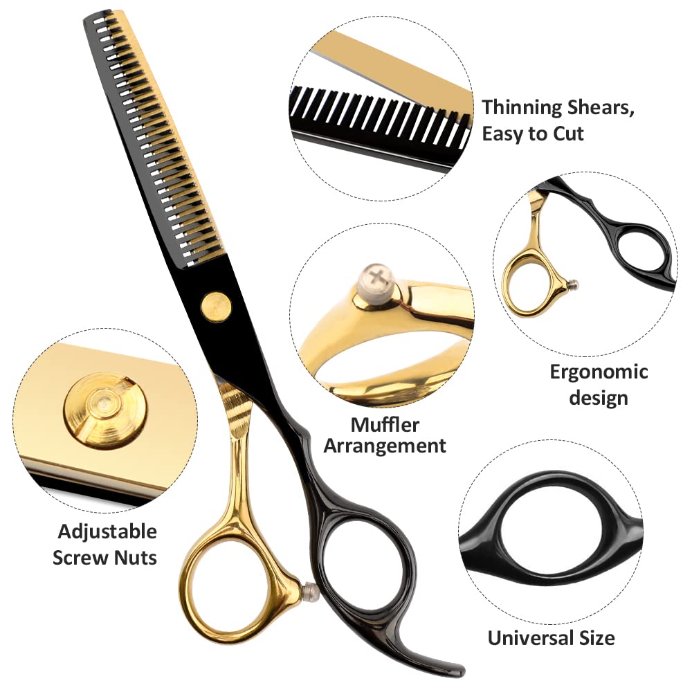 Dozmux black gold hairdressing scissors in package with accessories