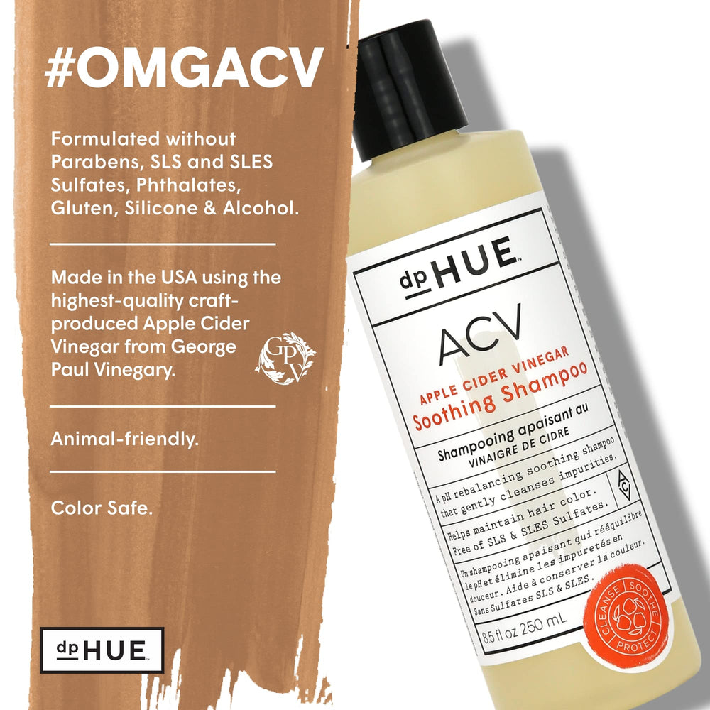 dpHUE ACV Soothing Shampoo lavender and aloe image suggests calming aroma and hydration.