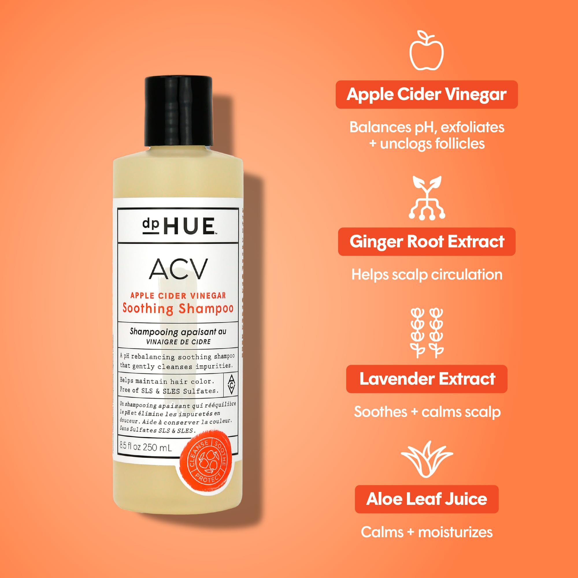 dpHUE ACV Soothing Shampoo packaging close-up showing sulfate-free promise.
