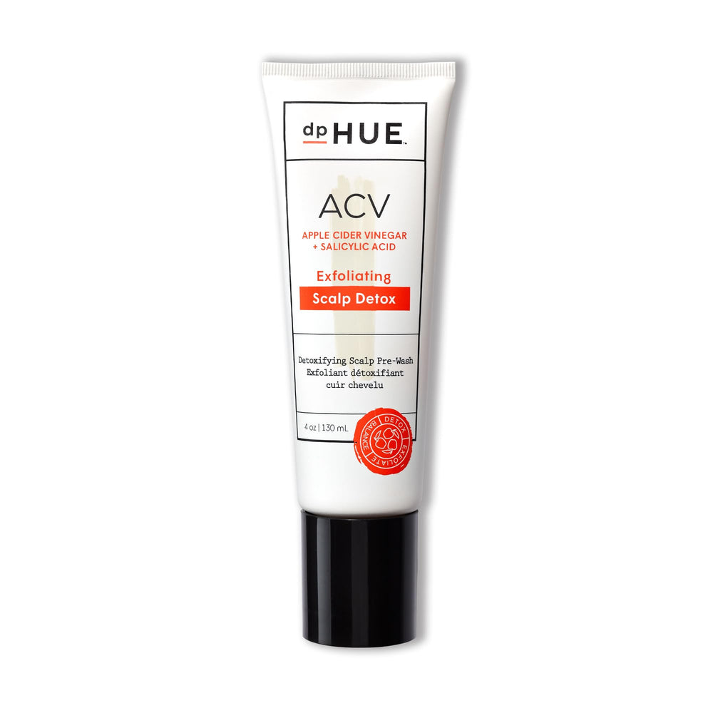 dpHUE ACV Exfoliating Scalp Detox bottle-pour demonstrates fragrance-free scalp care