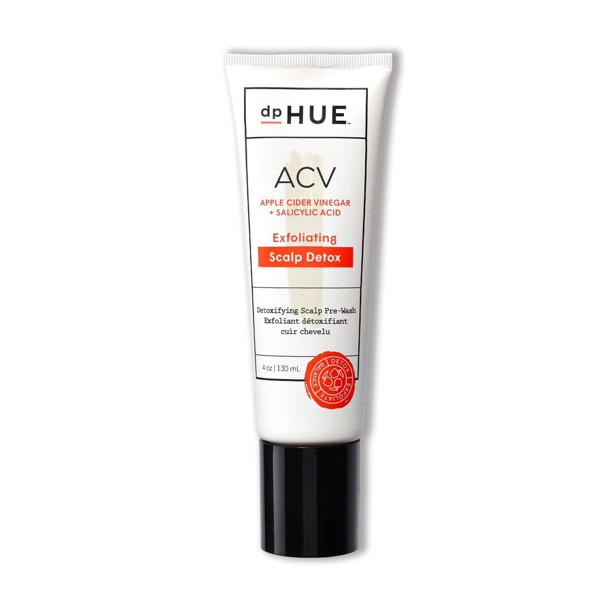 dpHUE ACV Exfoliating Scalp Detox bottle-pour demonstrates fragrance-free scalp care