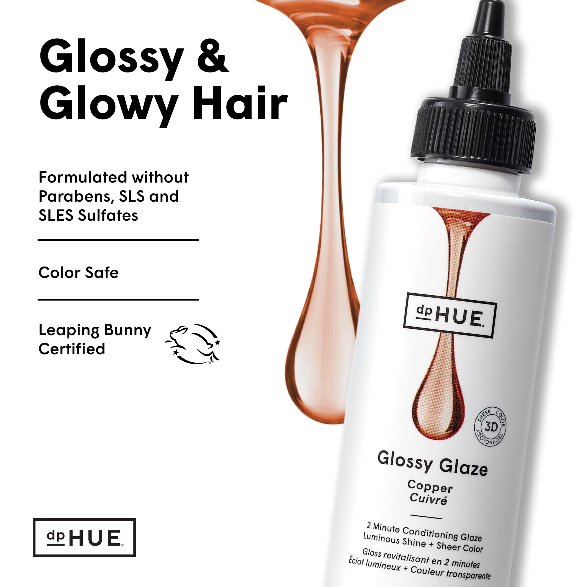 dpHUE Glossy Glaze Copper in-shower bottle shown during rapid 2-minute ritual.