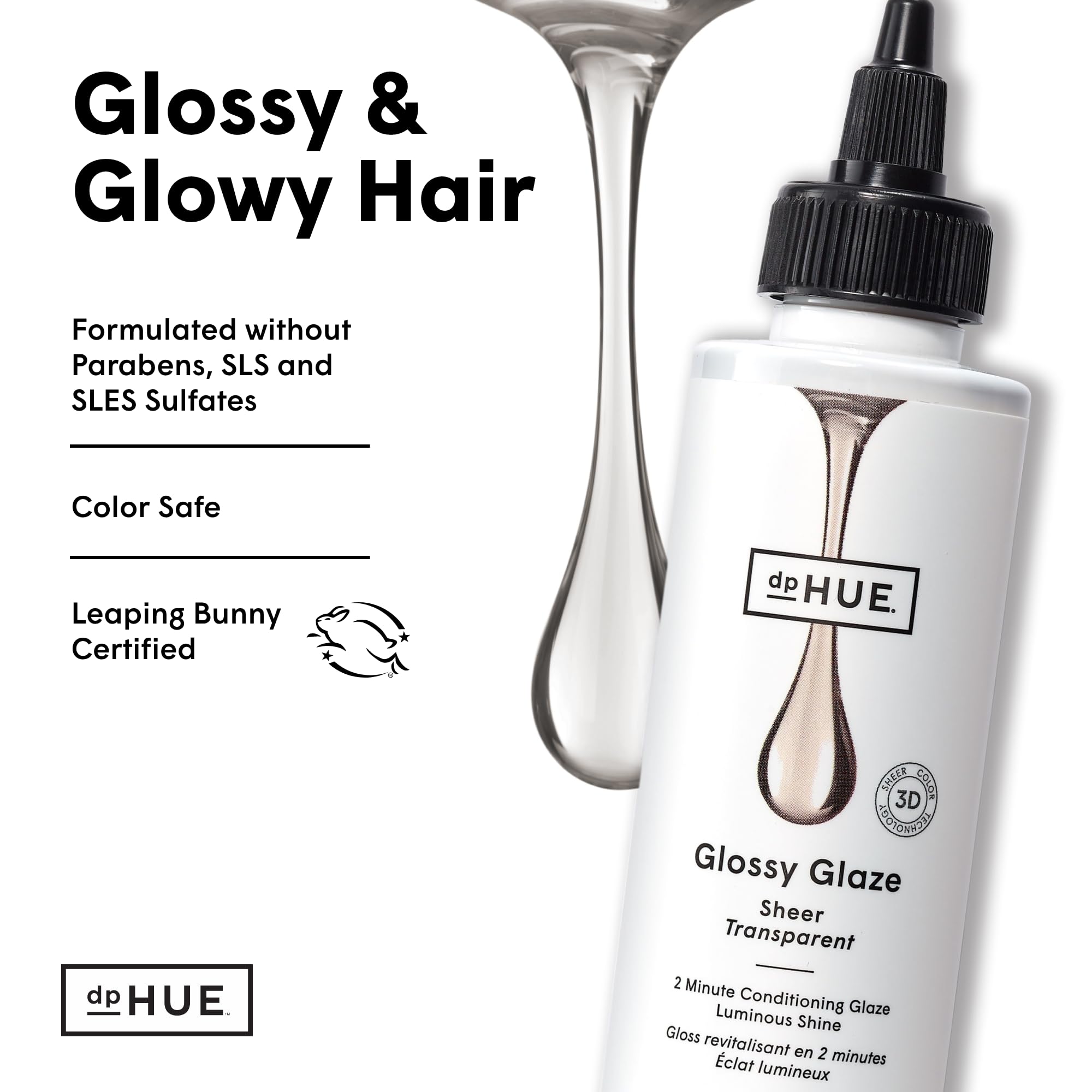 dpHUE Glossy Glaze Leaping Bunny badge signals clean, cruelty-free formula.