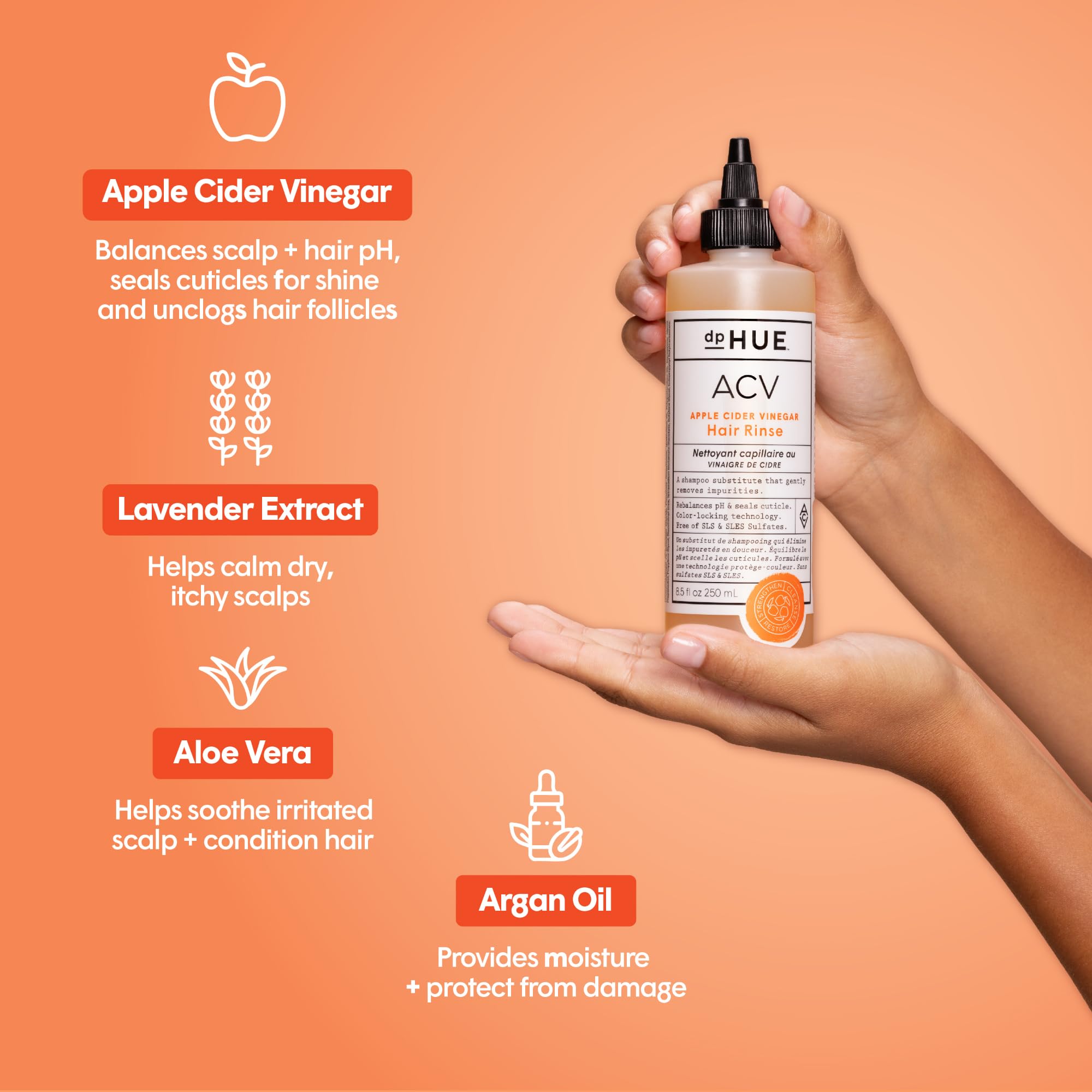 dpHUE Apple Cider Vinegar Hair Rinse packaging emphasizes scalp cleansing and color protection