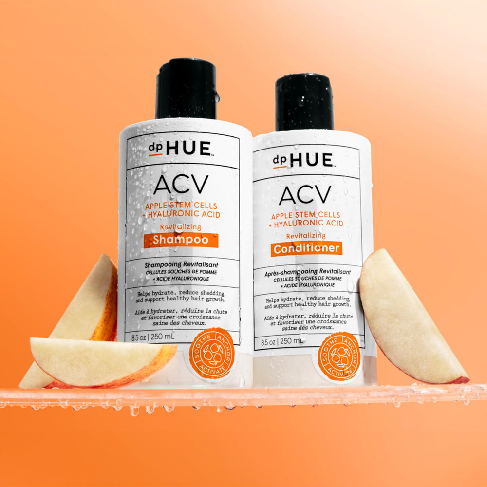 dpHUE ACV Revitalizing Shampoo ingredient panel featuring apple cider vinegar for balanced scalp