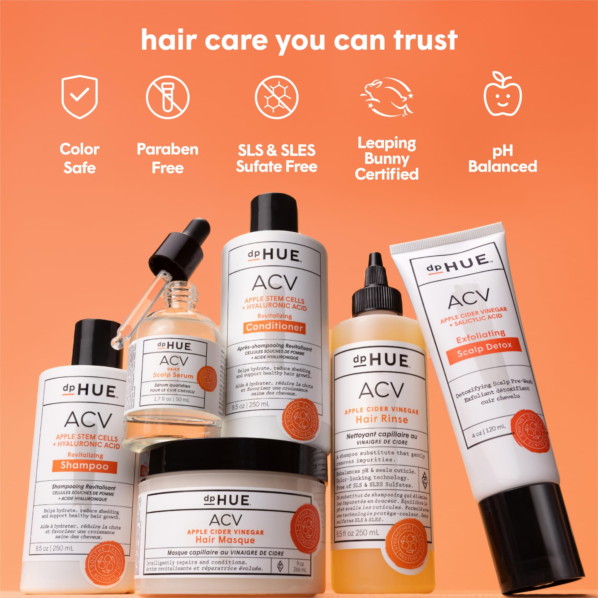 dpHUE ACV Revitalizing Shampoo packaging highlights vegan, color-safe formula