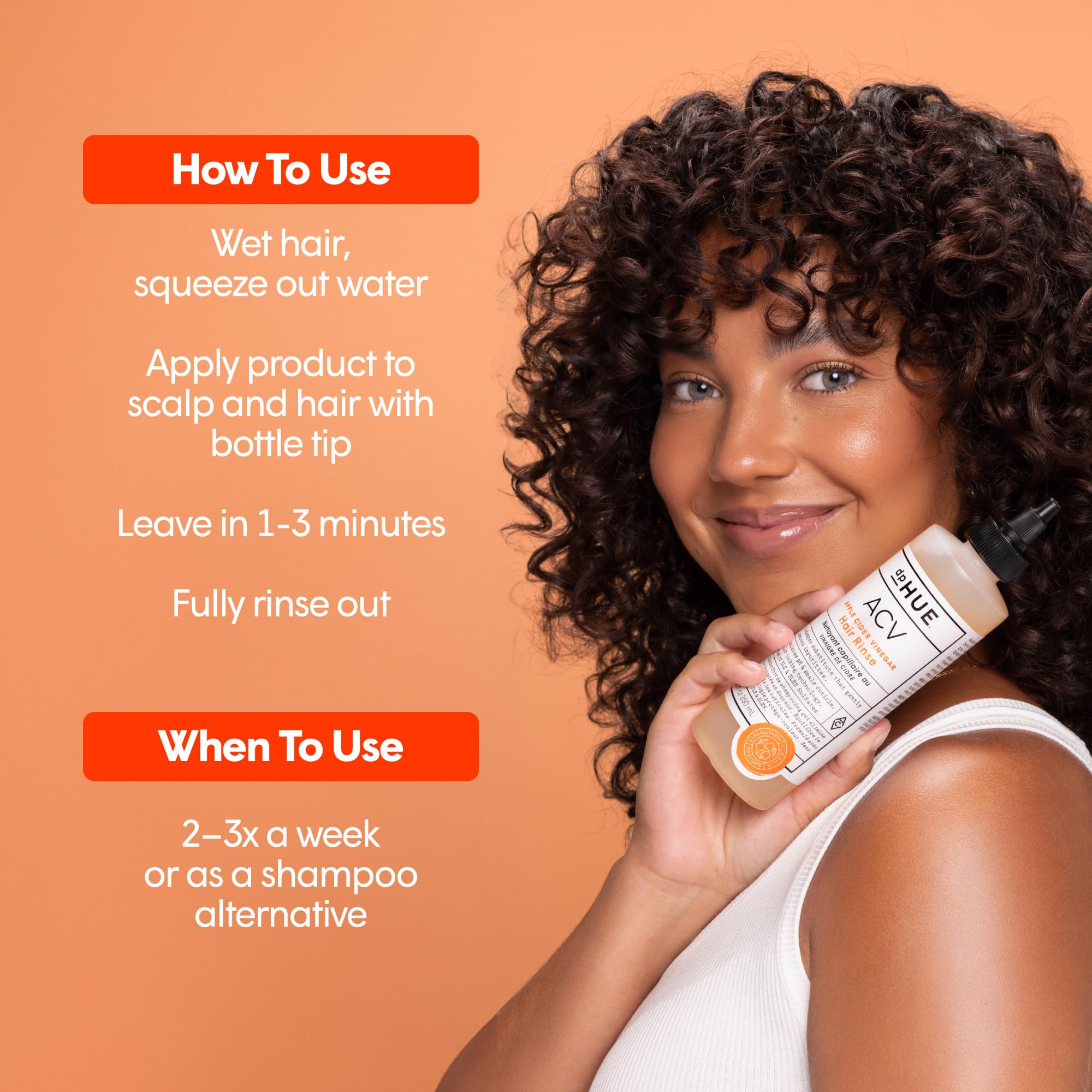 dpHUE Apple Cider Vinegar Hair Rinse hair-shine after rinse hints at color-safe gloss.