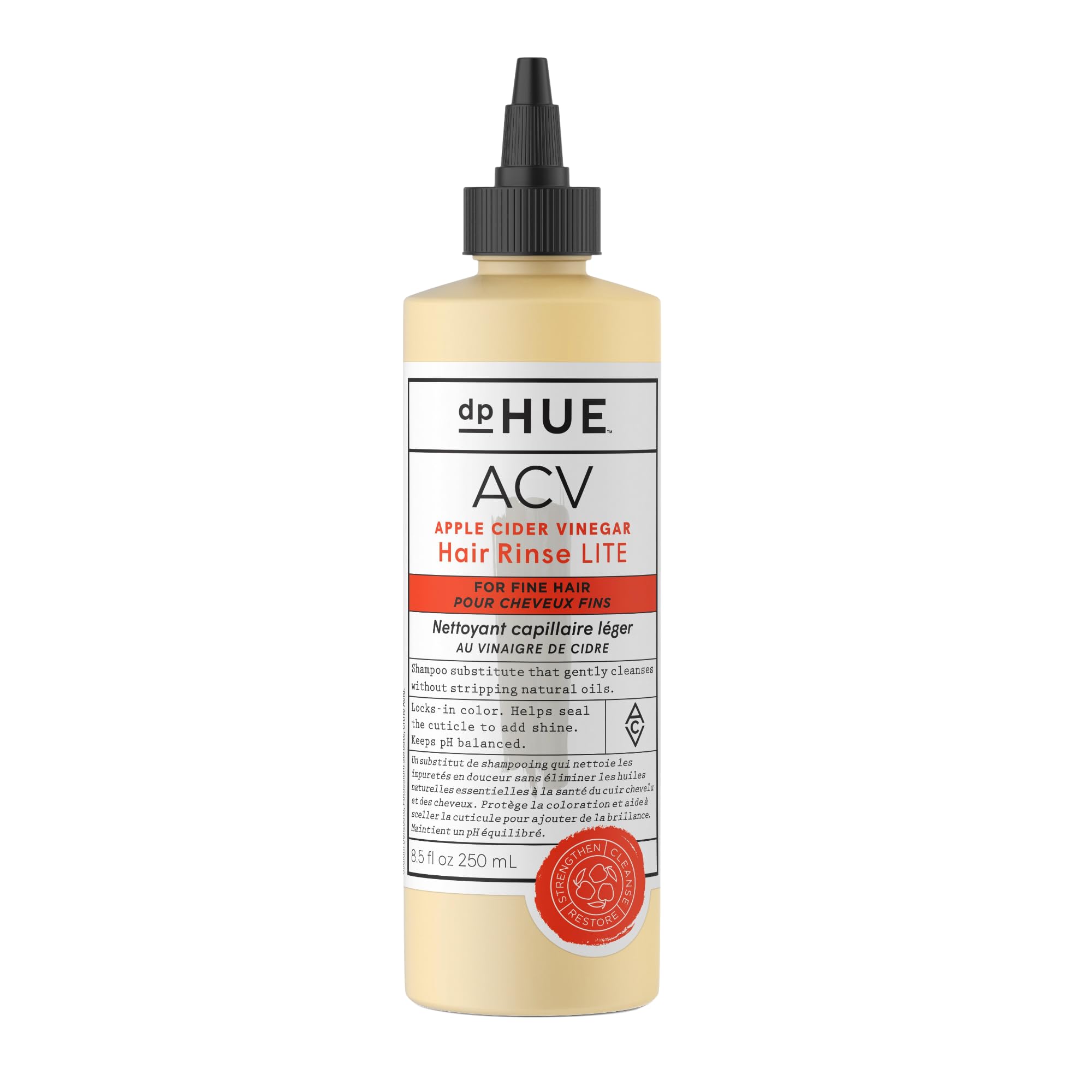 dpHUE Apple Cider Vinegar Hair Rinse Lite bottle for gentle cleansing of fine hair