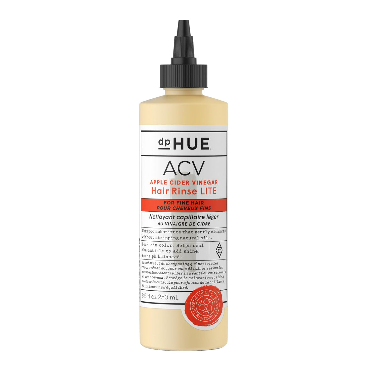 dpHUE Apple Cider Vinegar Hair Rinse Lite bottle for gentle cleansing of fine hair