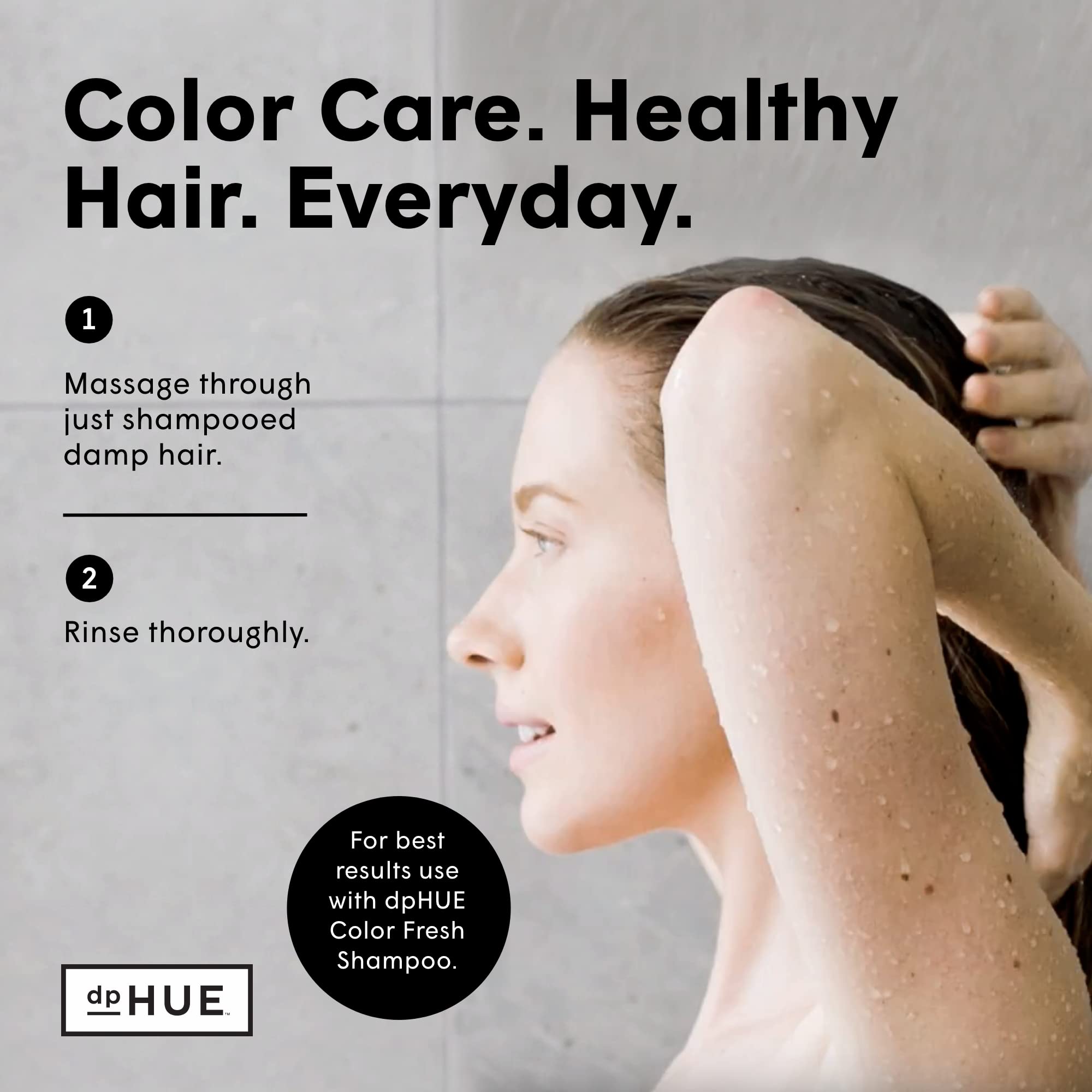 dpHUE Color Fresh Conditioner hair application shows nourished, soft, UV-protected color-treated strands.