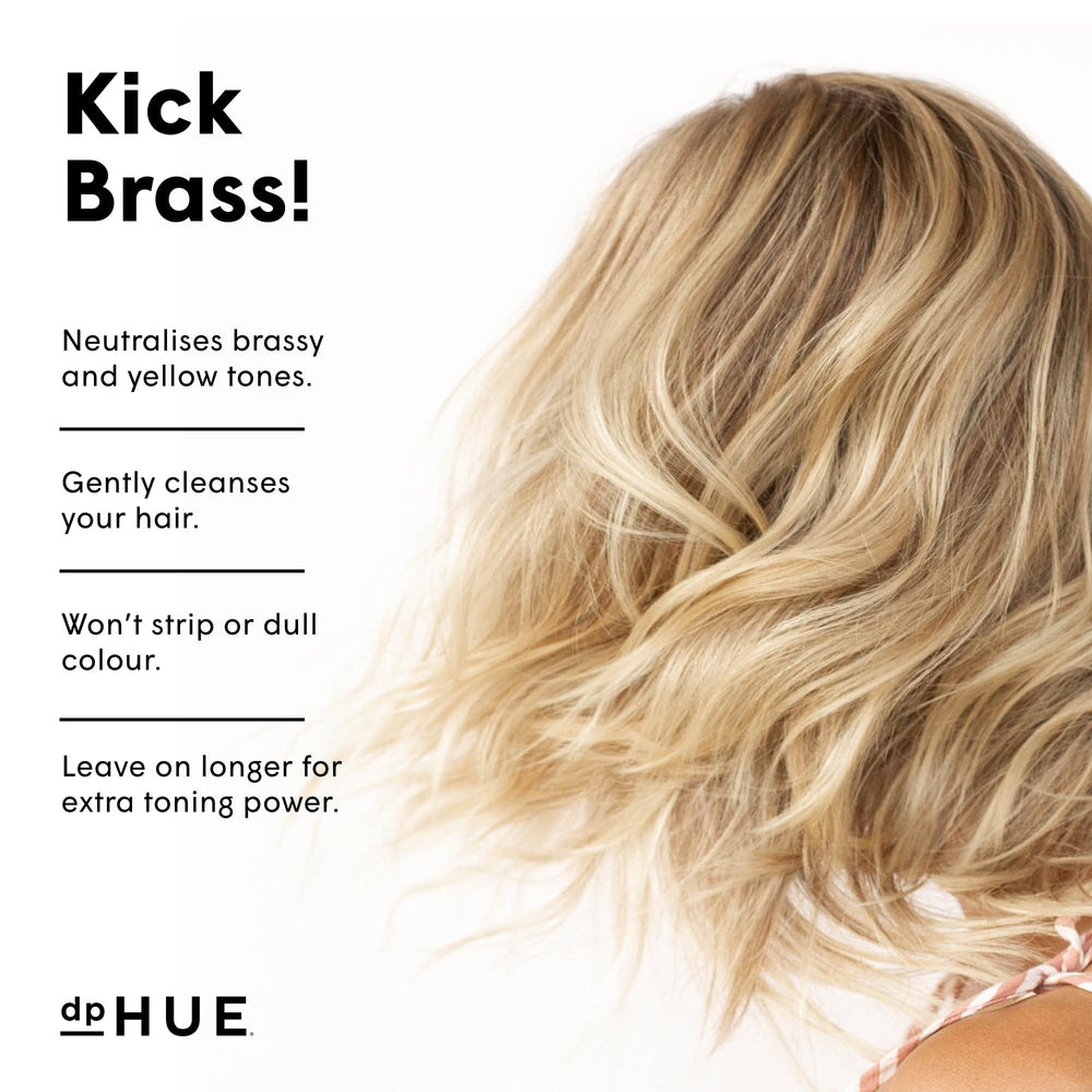 dpHUE Cool Blonde Shampoo lather demonstrates violet pigments for color-safe toning of brassy hair.