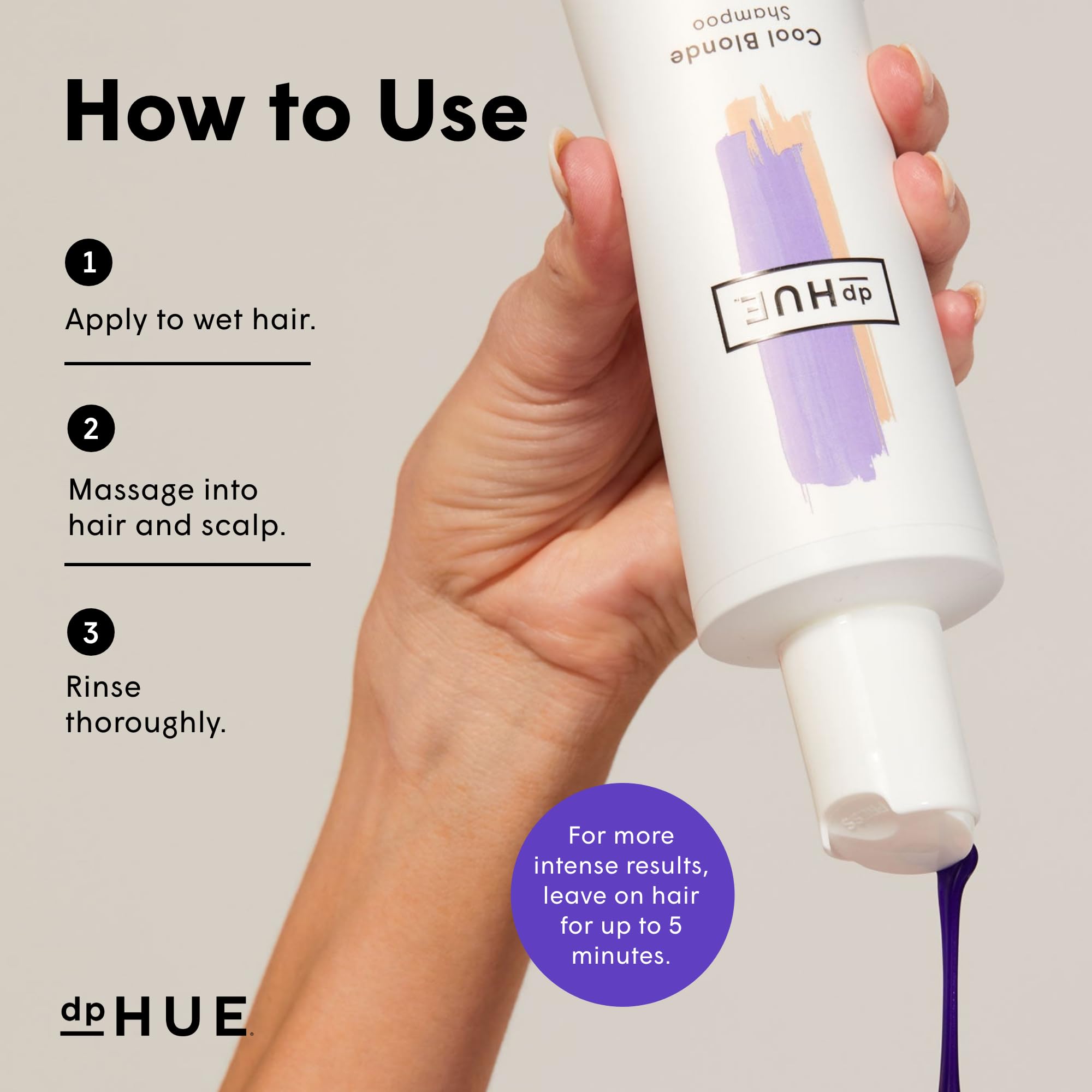 dpHUE Cool Blonde Shampoo close-up shows purple pigments countering yellow undertones.